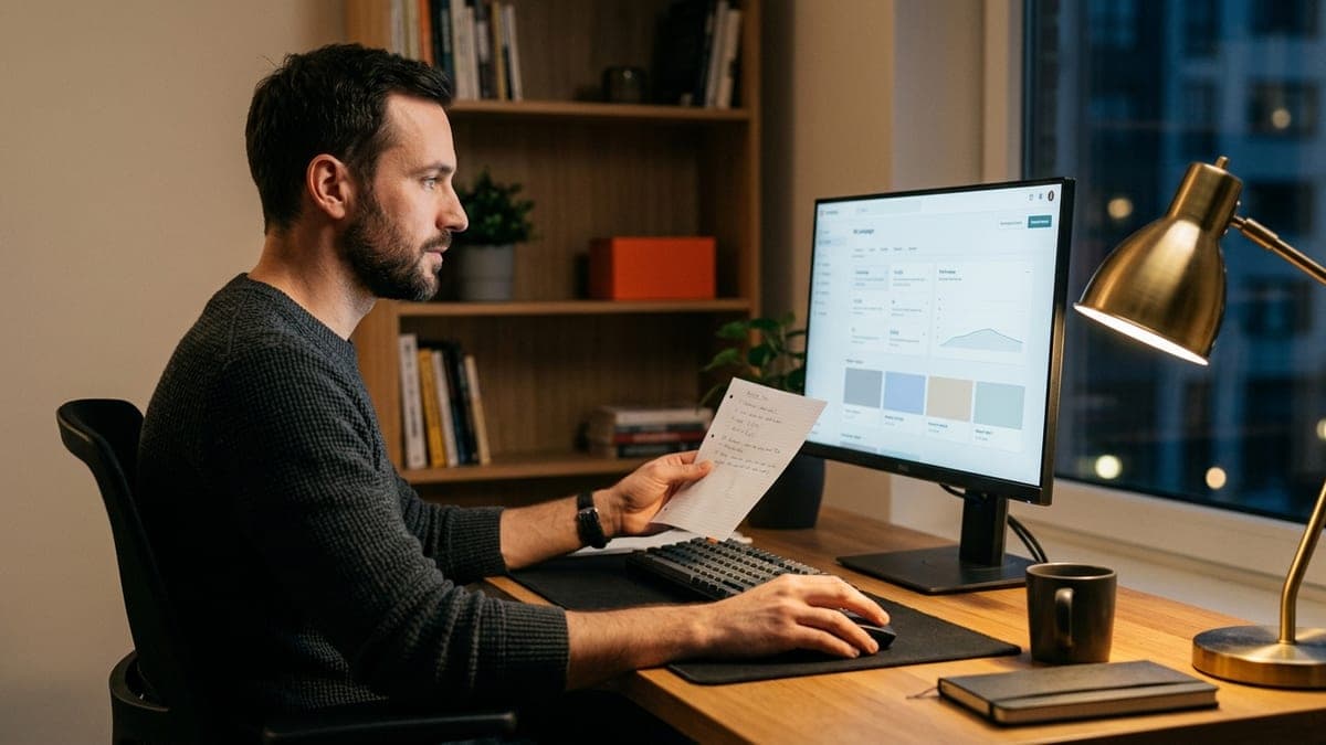 Person am Schreibtisch bedient abends eine Kampagnenoberfläche am Monitor, Notizzettel in der Hand
