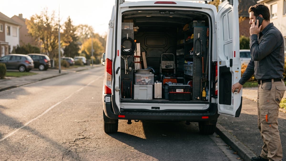 Handwerker in Arbeitskleidung steht neben seinem geöffneten Transporter und nimmt einen Anruf auf dem Mobiltelefon entgegen