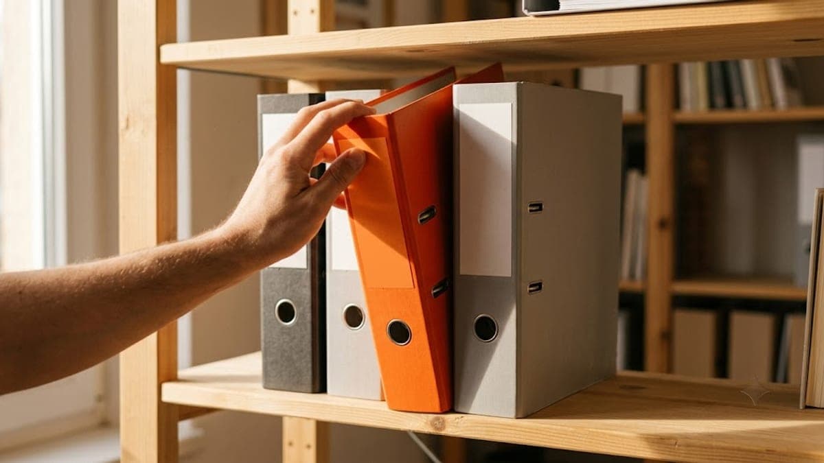 Hand zieht einen orangefarbenen Aktenordner aus einer Reihe grauer und weißer Ordner in einem hellen Holzregal