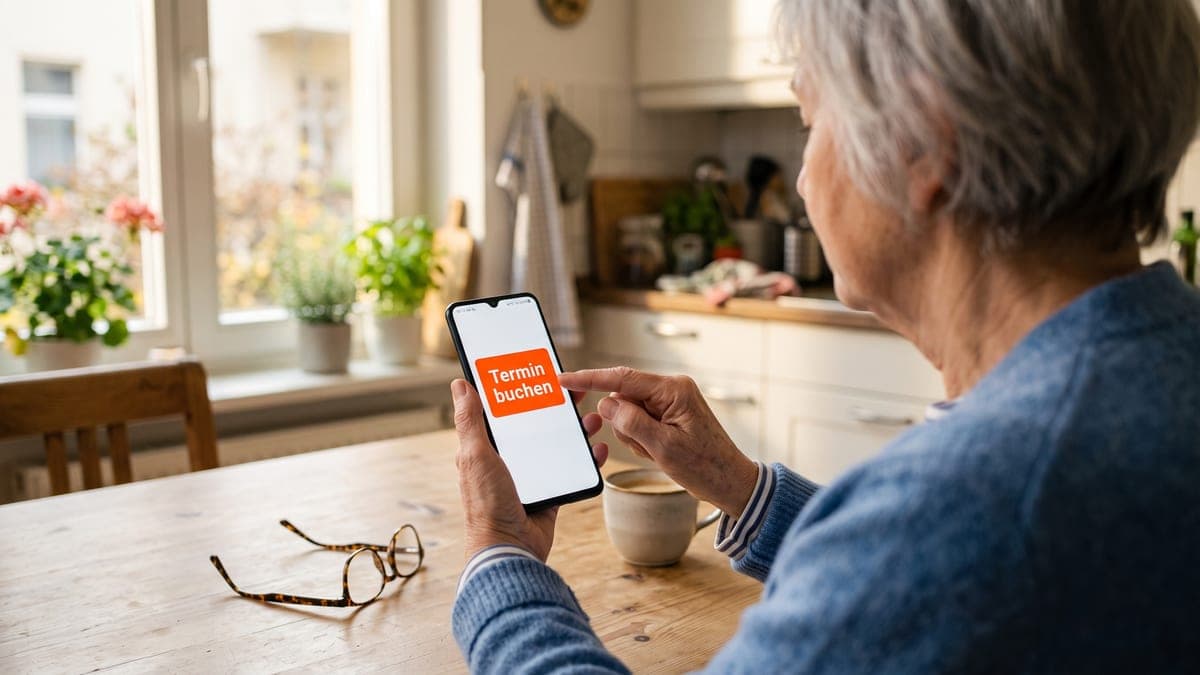 KI-generiertes Bild: Ältere Frau am Küchentisch, über die Schulter gesehen, tippt auf ihrem Smartphone auf einen großen orangefarbenen Button „Termin buchen“, daneben liegt eine Lesebrille