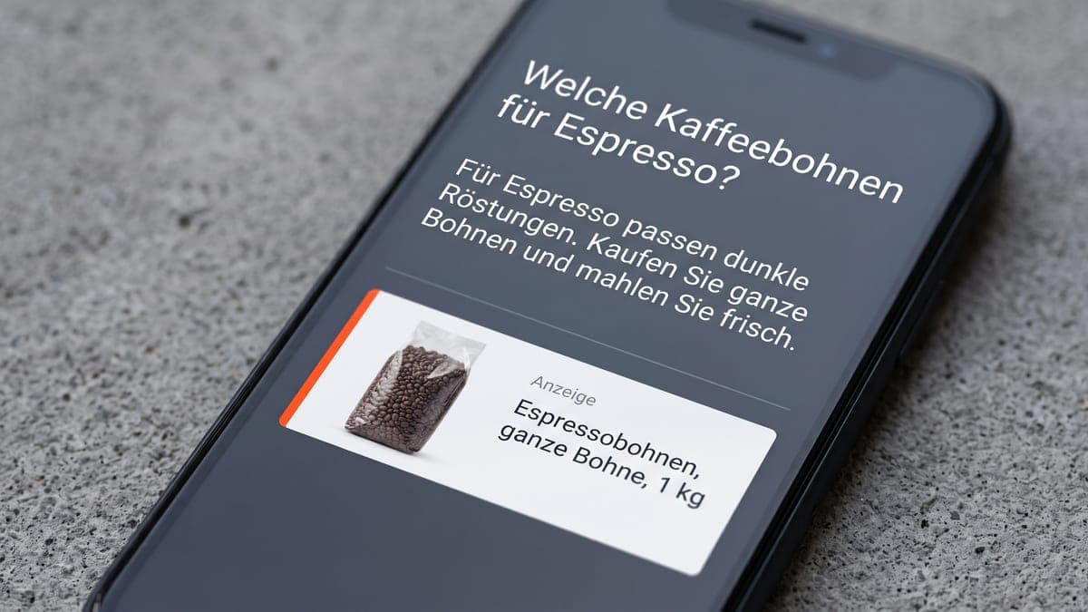 Schräg auf einer Betonfläche liegendes Smartphone: unter einer Chat-Antwort zu Espressobohnen sitzt eine abgesetzte weiße Anzeigenkarte mit Bohnenbeutel und orangefarbener Kante
