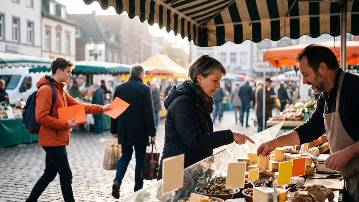 KI-generiertes Bild: Wochenmarkt: Eine Kundin zeigt am Stand gezielt auf ein Produkt, im Hintergrund hält ein junger Mann Passanten Flyer entgegen