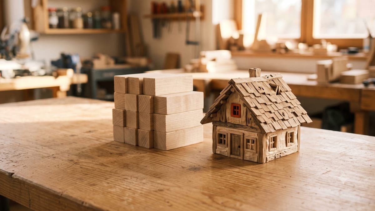 Stapel gleichförmiger heller Holzmodule neben einem daraus gebauten Gebäudemodell auf einem Tisch