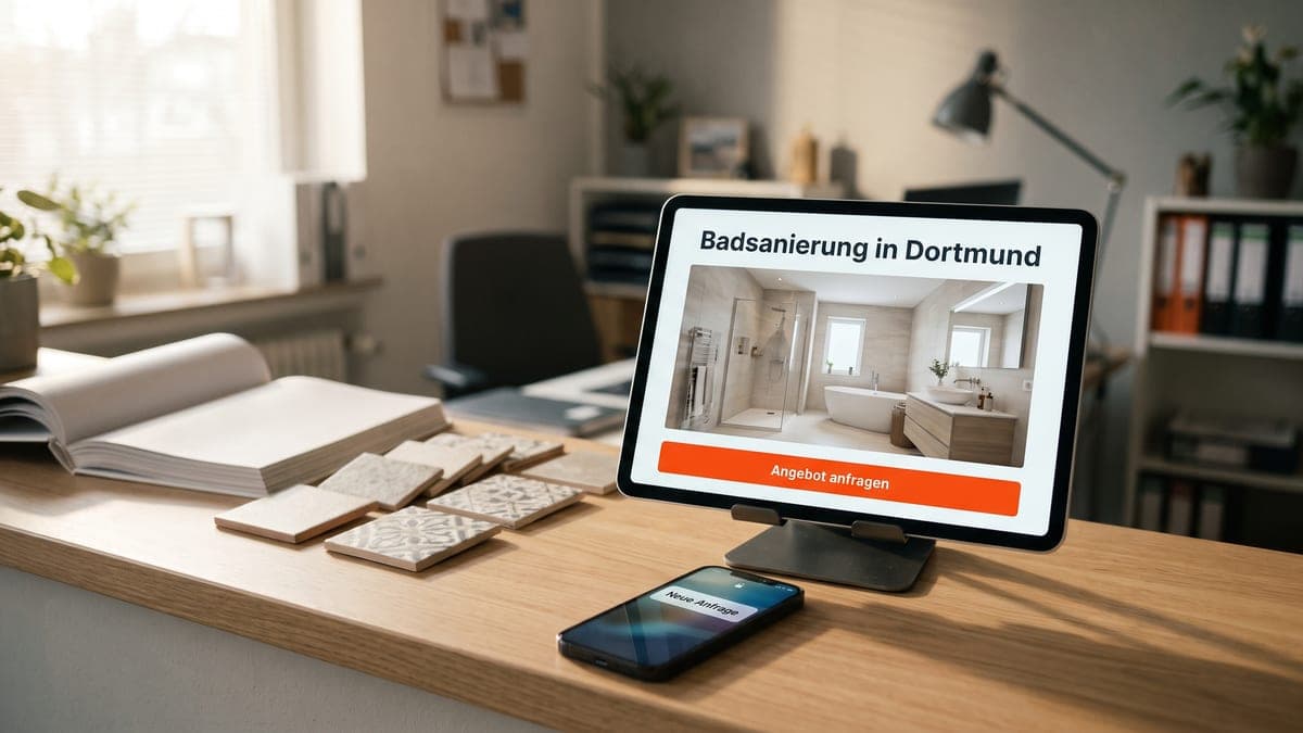 KI-generiertes Bild: Tablet im Ständer auf dem Holztresen eines Sanitärbetriebs zeigt eine Seite „Badsanierung in Dortmund“ mit orangefarbenem Button „Angebot anfragen“, davor ein Smartphone mit der Benachrichtigung „Neue Anfrage“, daneben Fliesenmuster