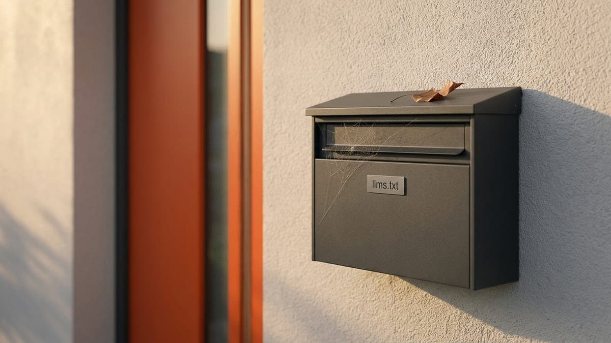 KI-generiertes Bild: Anthrazitfarbener Briefkasten mit dem Schild „llms.txt“ an einer Hauswand im Abendlicht, über dem Einwurfschlitz ein Spinnennetz, auf dem Deckel ein trockenes Blatt