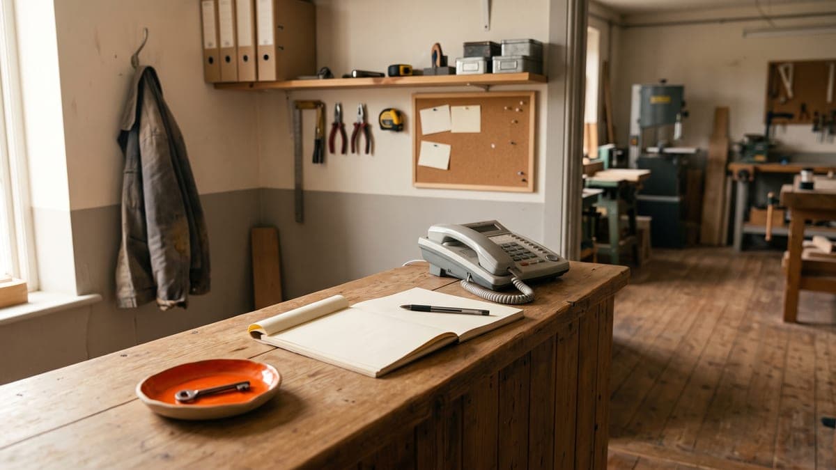 KI-generiertes Bild: Tresen einer Tischlerei am Morgen mit Tischtelefon, aufgeschlagenem leerem Notizblock und Stift, dahinter die Werkstatt