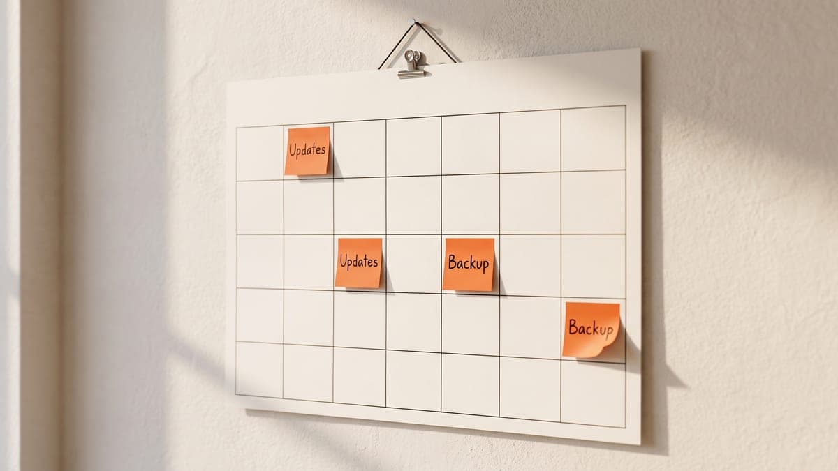 KI-generiertes Bild: Wandkalender mit leerem Monatsraster an einer hell verputzten Wand, auf vier Feldern kleben orange Haftnotizen mit den Aufschriften „Updates" und „Backup"